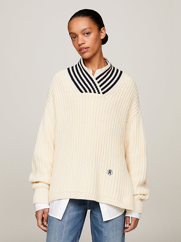 yellow th monogram contrast stripe oversized jumper for women tommy hilfiger