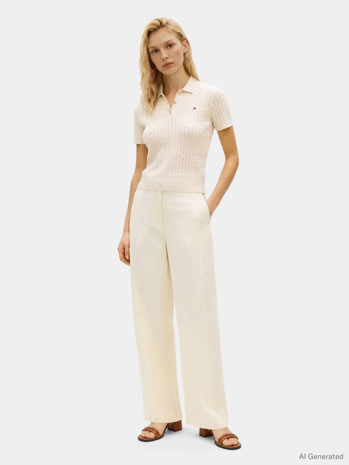 Gold-Tone Button Cable Knit Polo Jumper — Beige