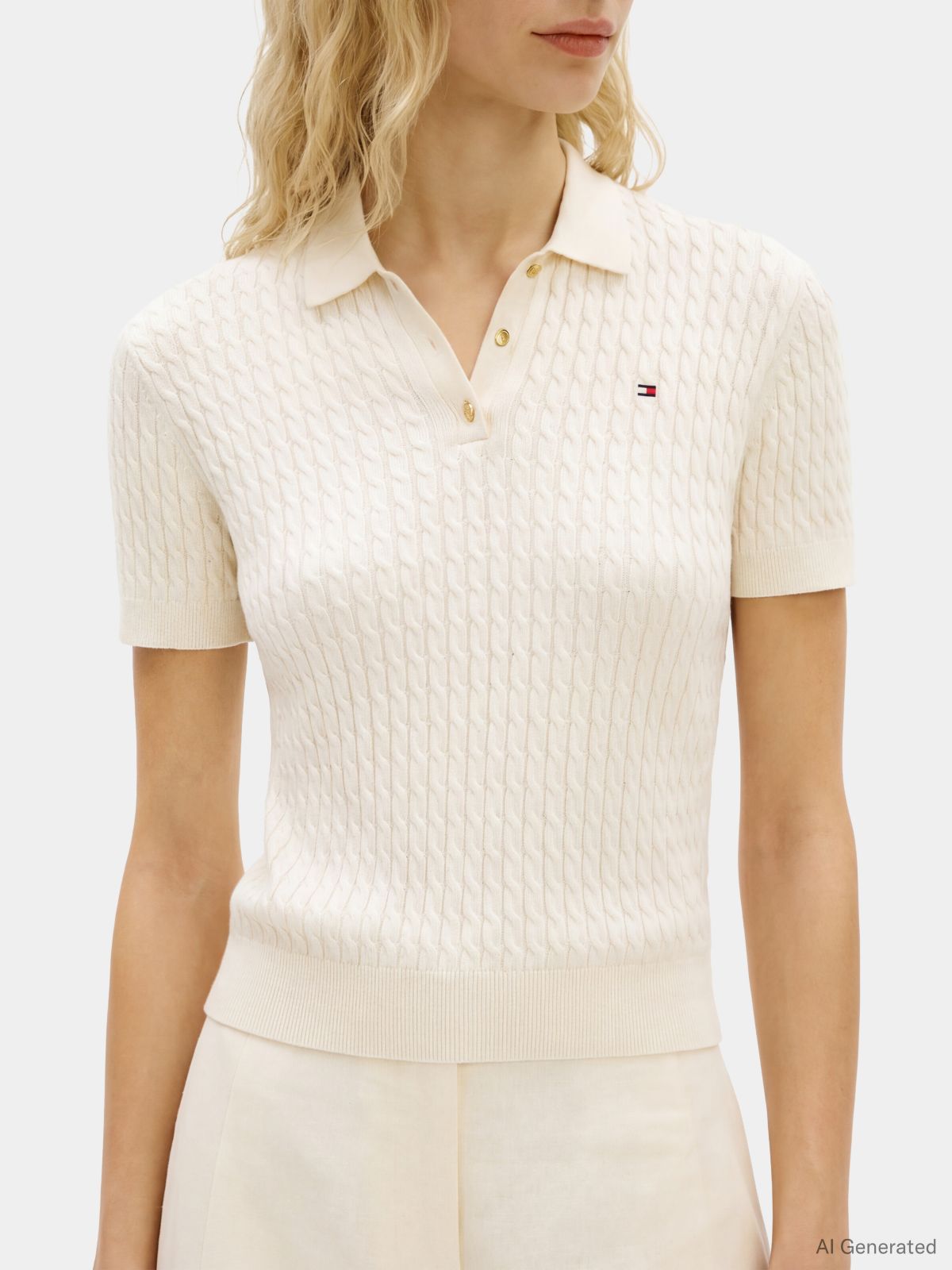 Gold-Tone Button Cable Knit Polo Jumper — Beige