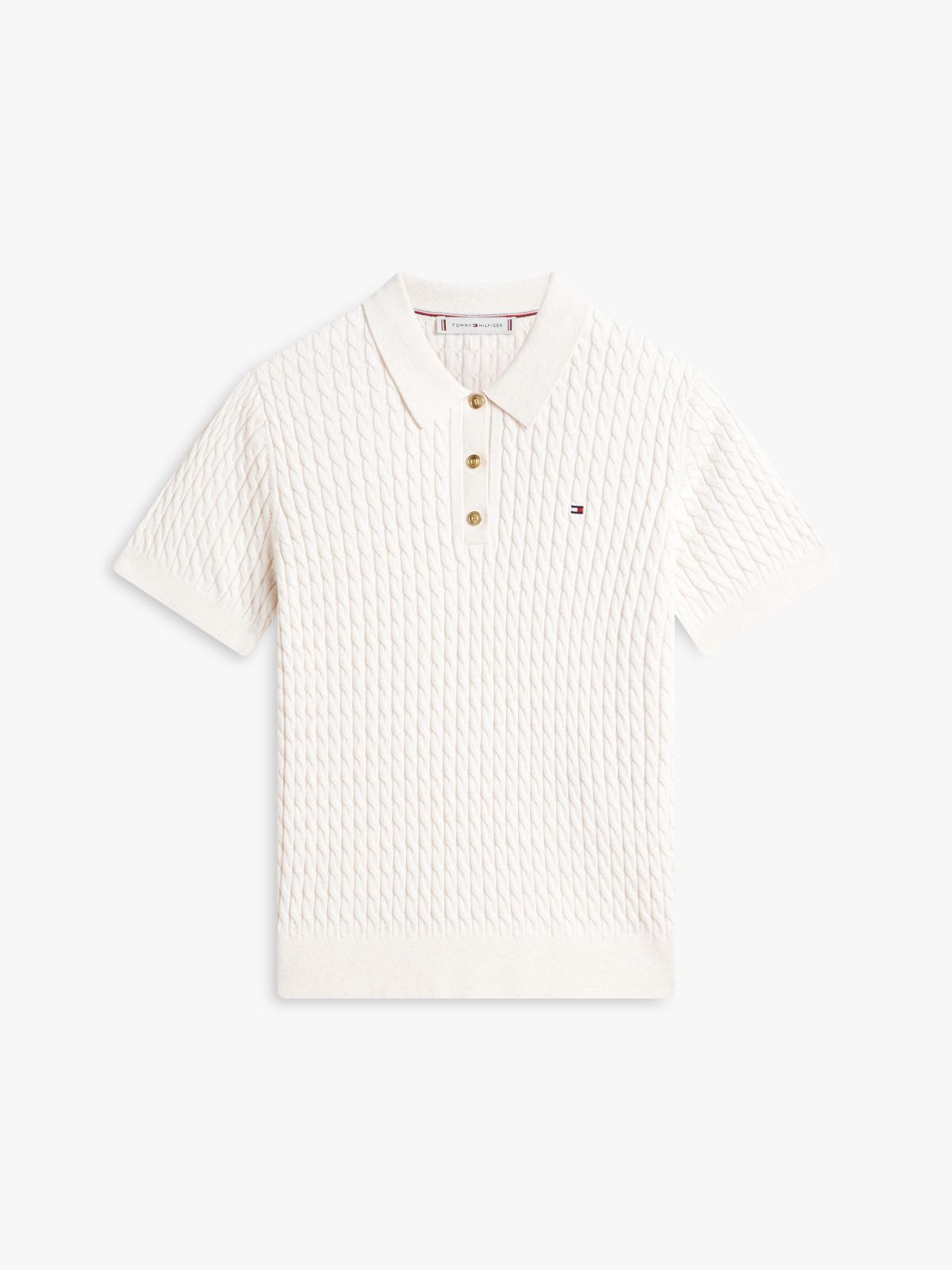 Gold-Tone Button Cable Knit Polo Jumper — Beige