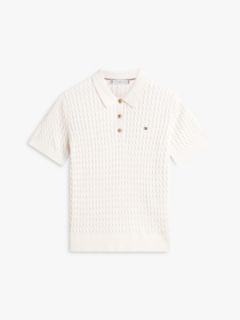 Gold-Tone Button Cable Knit Polo Jumper — Beige 5