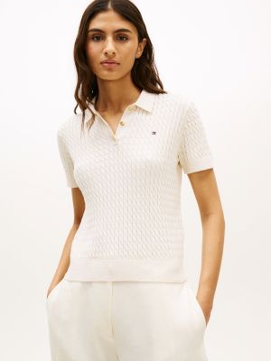 polo en maille torsadée à manches courtes beige pour femmes tommy hilfiger
