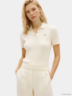 Gold-Tone Button Cable Knit Polo Jumper — Beige 1