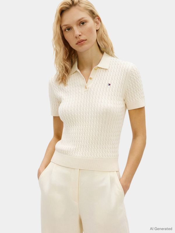 Gold-Tone Button Cable Knit Polo Jumper — Beige