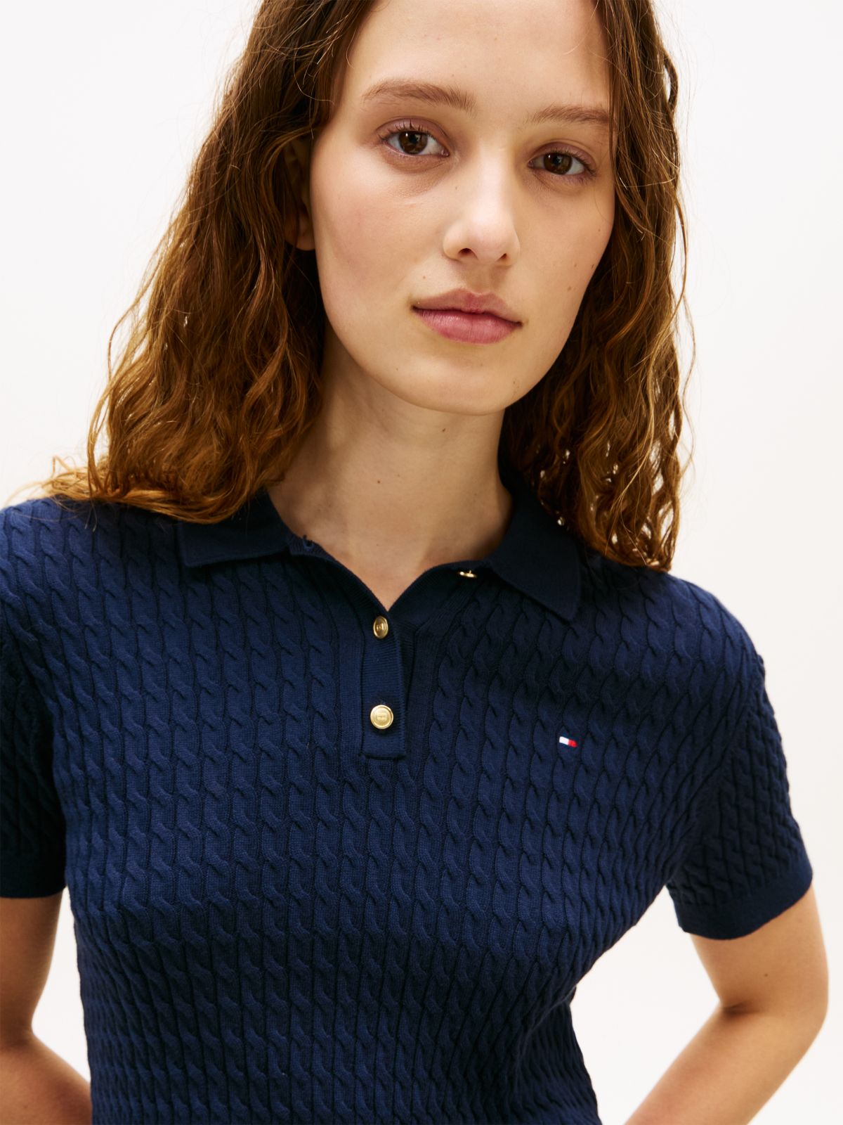 Gold-Tone Button Cable Knit Polo Jumper — Blue