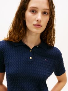 Gold-Tone Button Cable Knit Polo Jumper — Blue 2