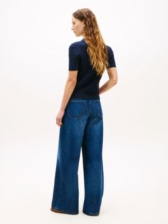 Gold-Tone Button Cable Knit Polo Jumper — Blue 4