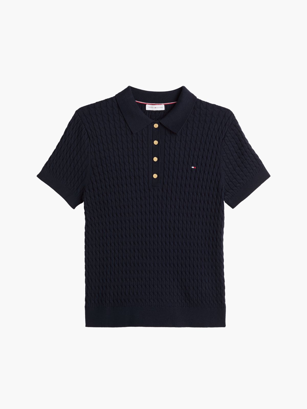 Gold-Tone Button Cable Knit Polo Jumper — Blue