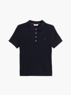Gold-Tone Button Cable Knit Polo Jumper — Blue 5