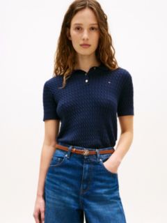 Gold-Tone Button Cable Knit Polo Jumper — Blue 1
