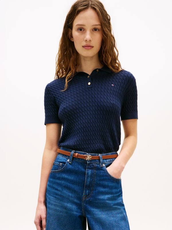 Gold-Tone Button Cable Knit Polo Jumper — Blue