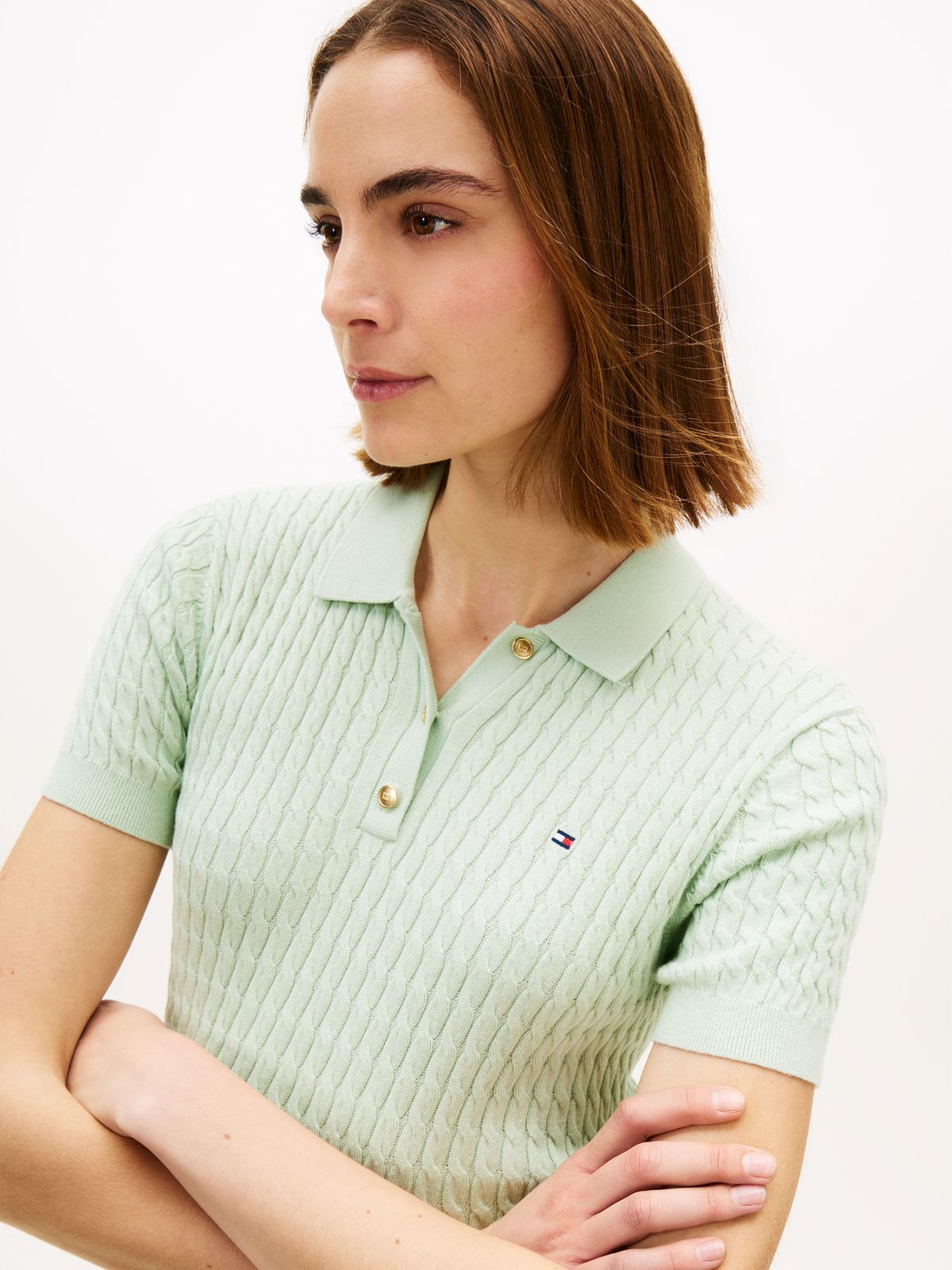 Gold-Tone Button Cable Knit Polo Jumper — Green