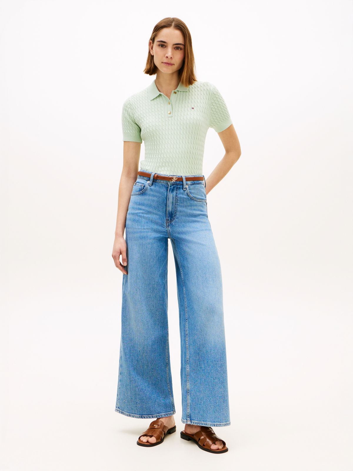 Gold-Tone Button Cable Knit Polo Jumper — Green