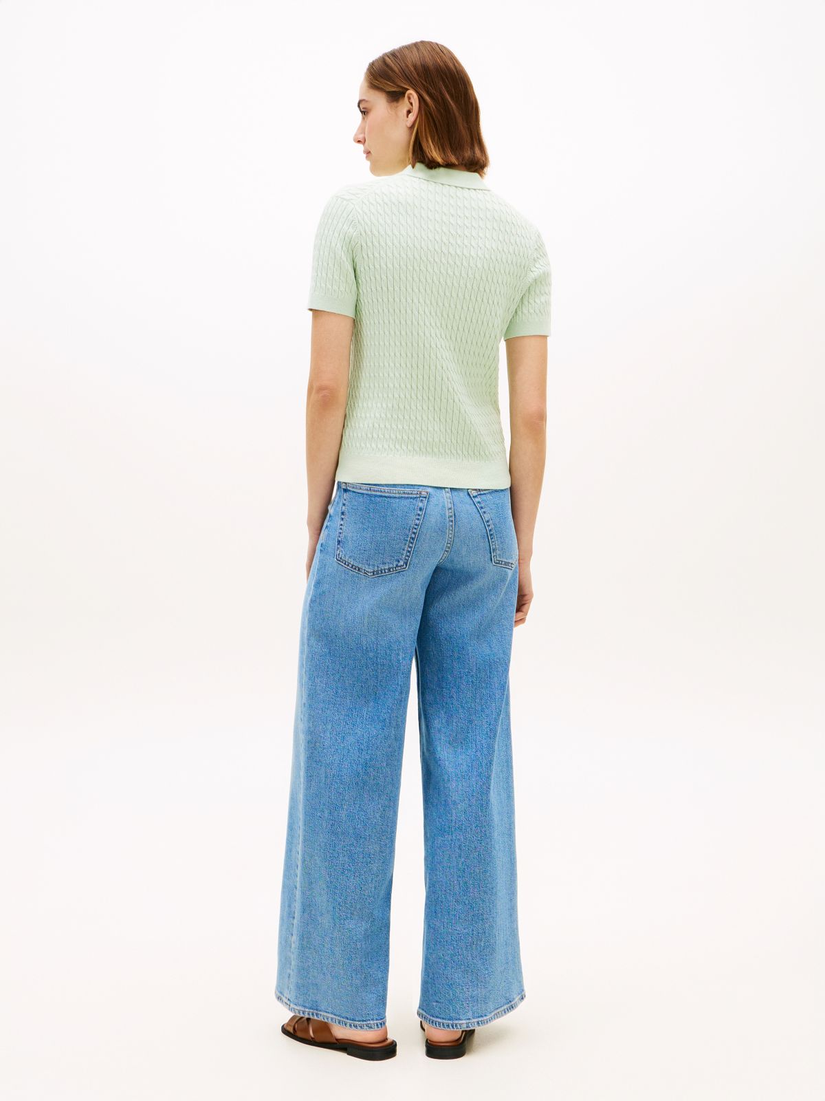 Gold-Tone Button Cable Knit Polo Jumper — Green