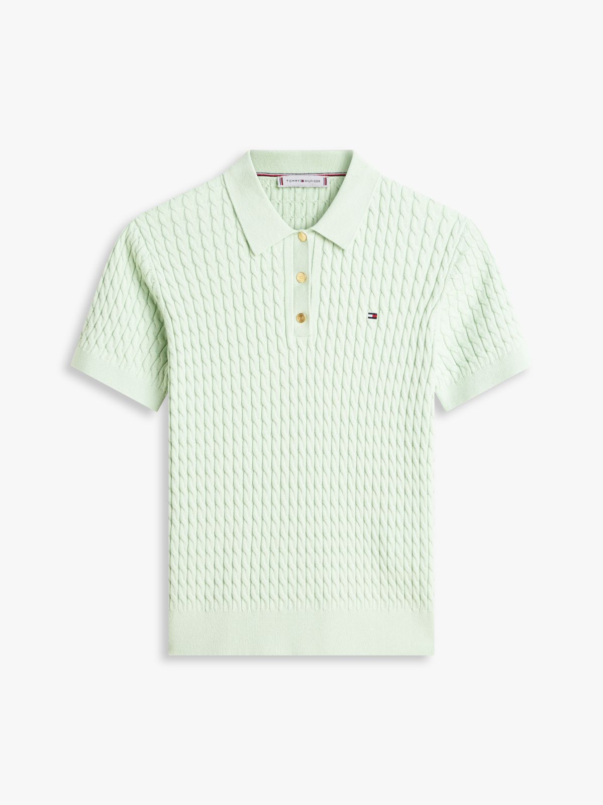 Gold-Tone Button Cable Knit Polo Jumper — Green