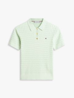 Gold-Tone Button Cable Knit Polo Jumper — Green 5