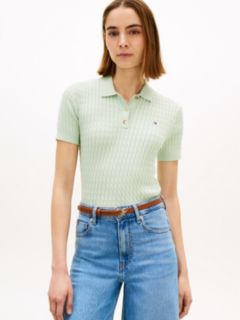 Gold-Tone Button Cable Knit Polo Jumper — Green 1