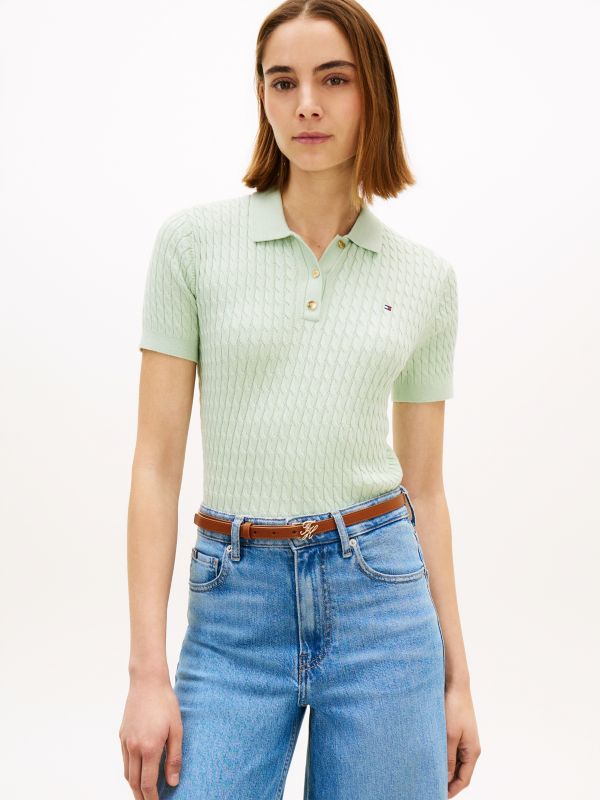 Gold-Tone Button Cable Knit Polo Jumper — Green