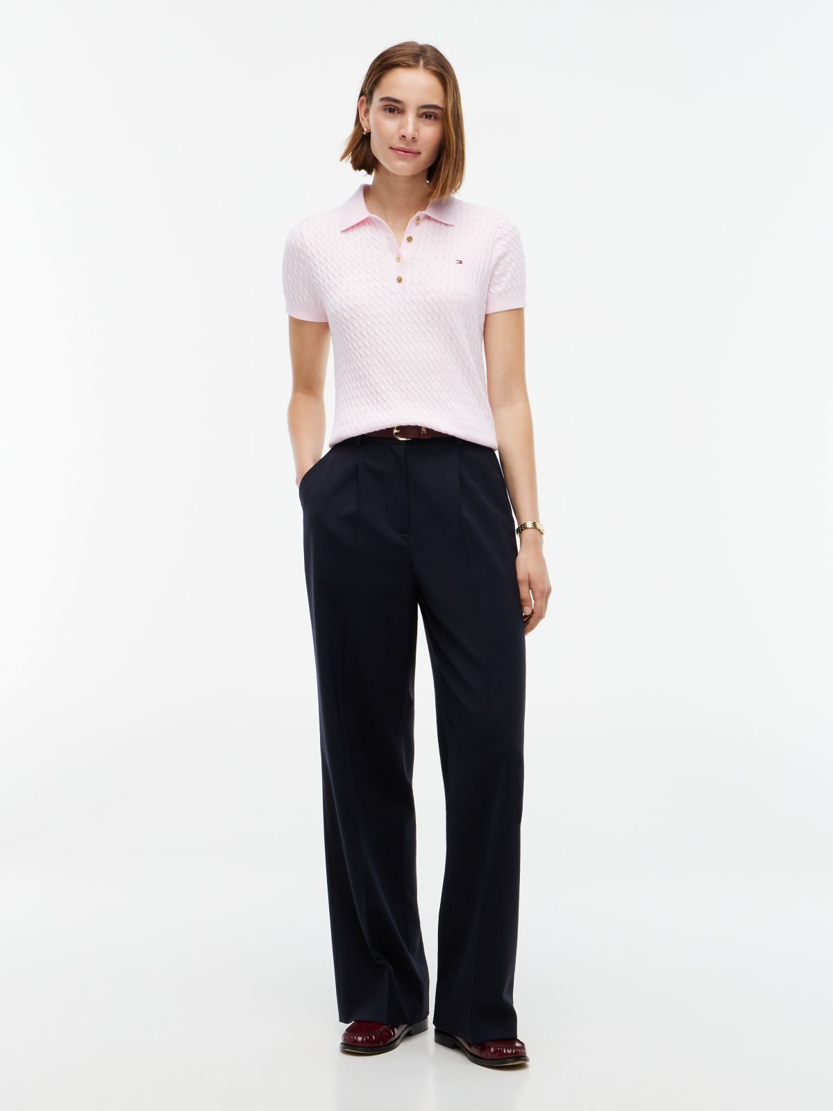 Gold-Tone Button Cable Knit Polo Jumper — Pink