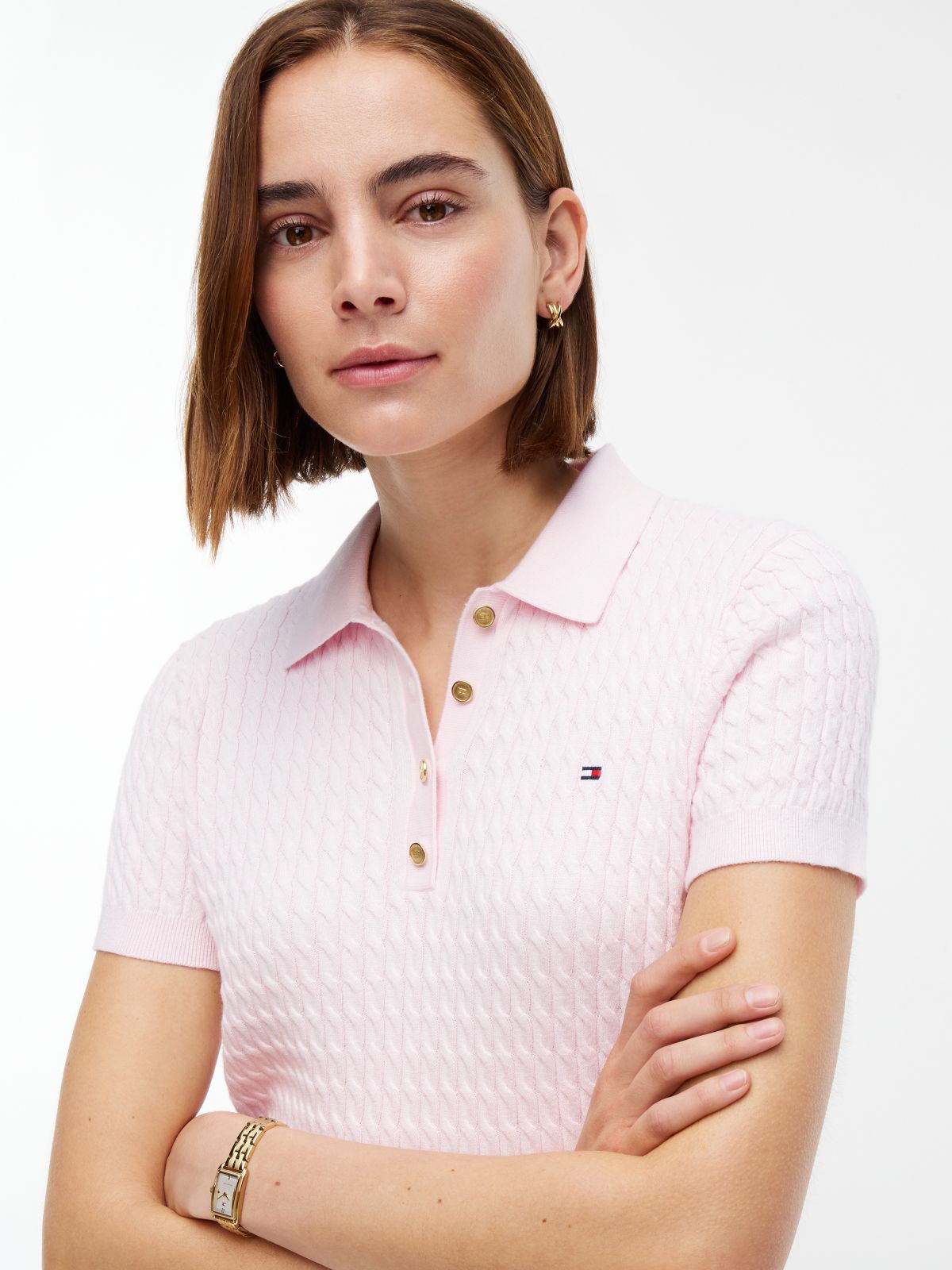 Gold-Tone Button Cable Knit Polo Jumper — Pink