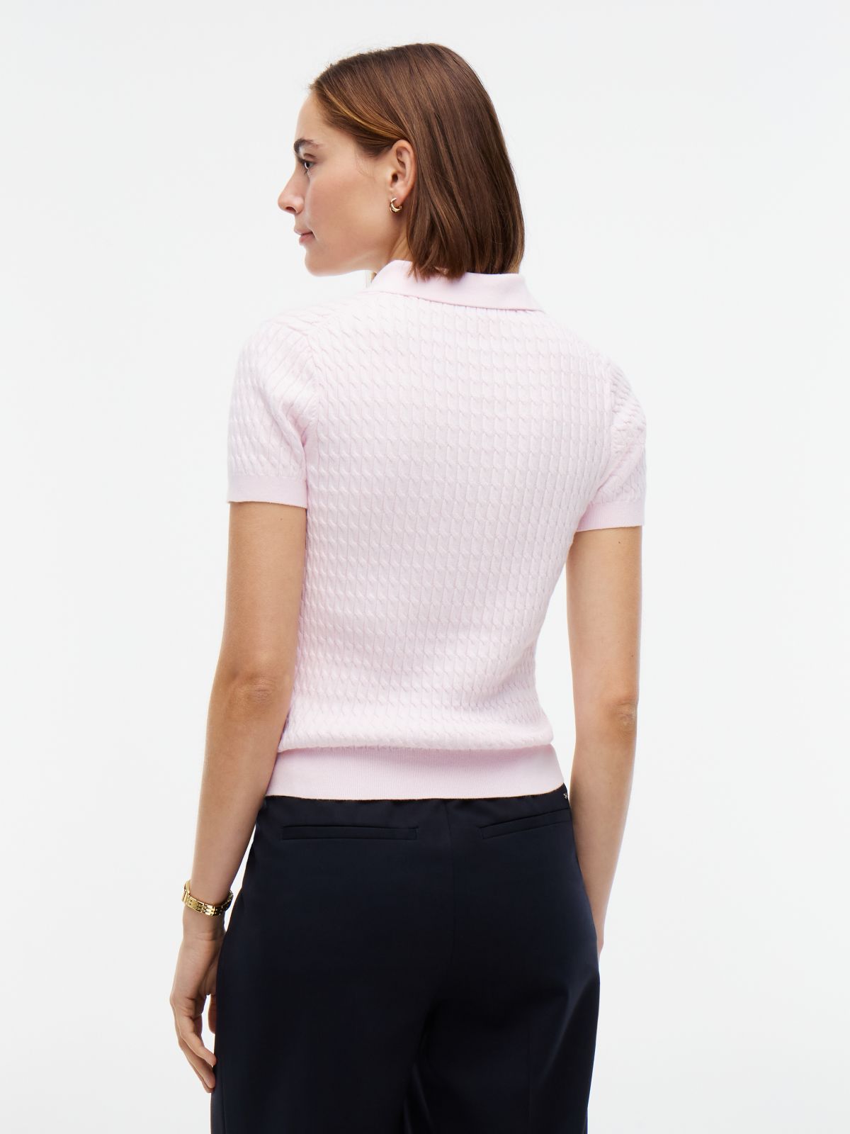 Gold-Tone Button Cable Knit Polo Jumper — Pink