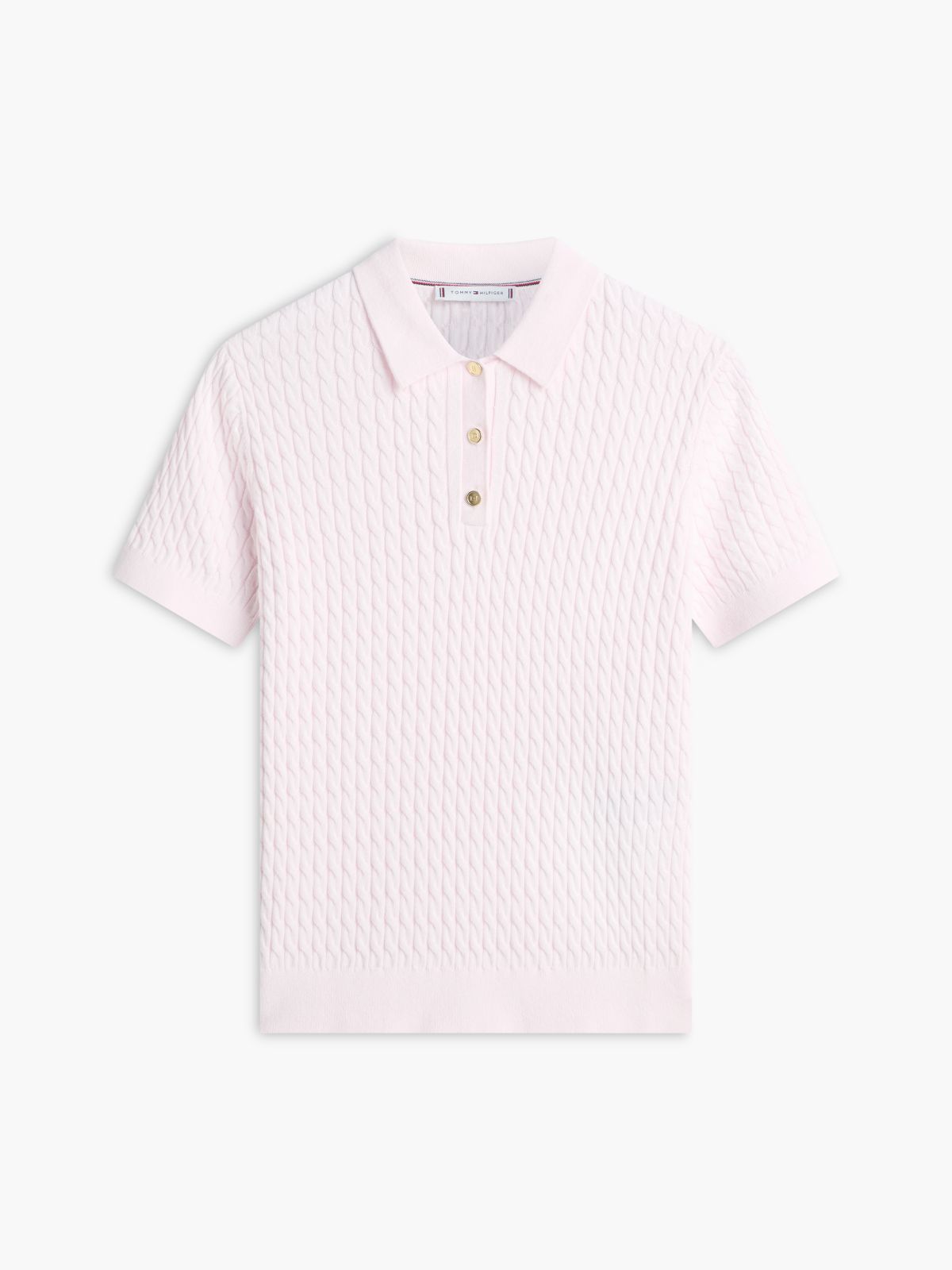 Gold-Tone Button Cable Knit Polo Jumper — Pink