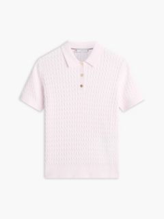 Gold-Tone Button Cable Knit Polo Jumper — Pink 5