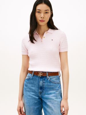 pink cable knit short sleeve polo jumper for women tommy hilfiger