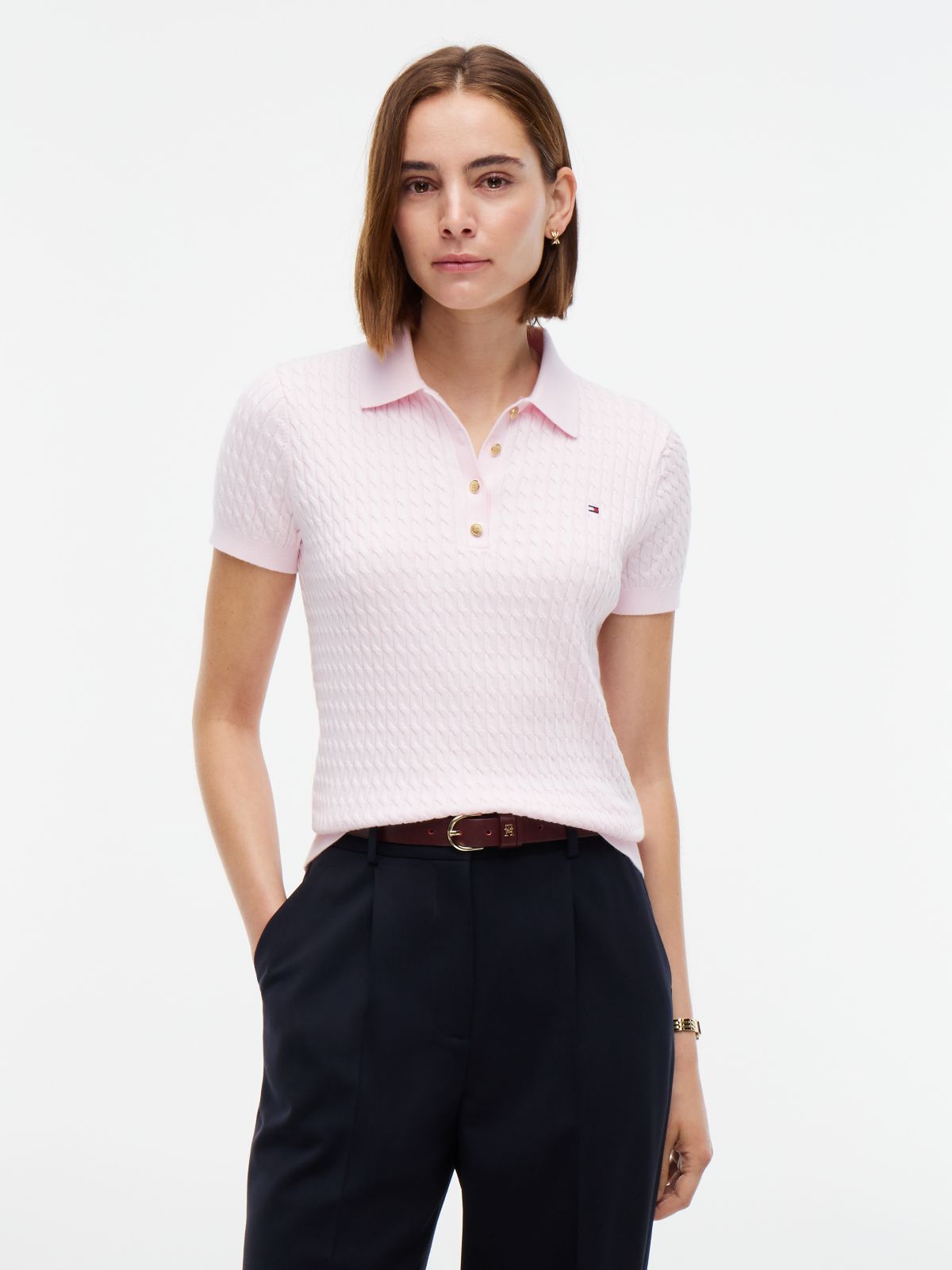 Gold-Tone Button Cable Knit Polo Jumper — Pink