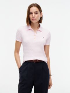 Gold-Tone Button Cable Knit Polo Jumper — Pink 1