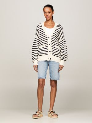 white gestreifter oversized boxy fit häkel-cardigan für damen - tommy hilfiger