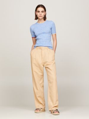 blue melierter kurzarm-rippstrickpullover für damen - tommy hilfiger