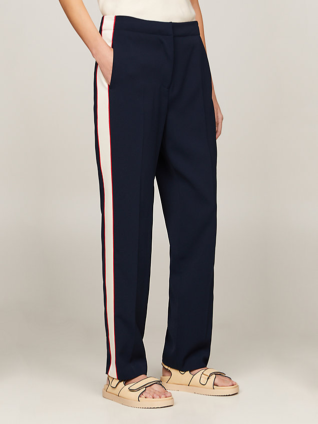blue colour-blocked slim fit straight trousers for women tommy hilfiger