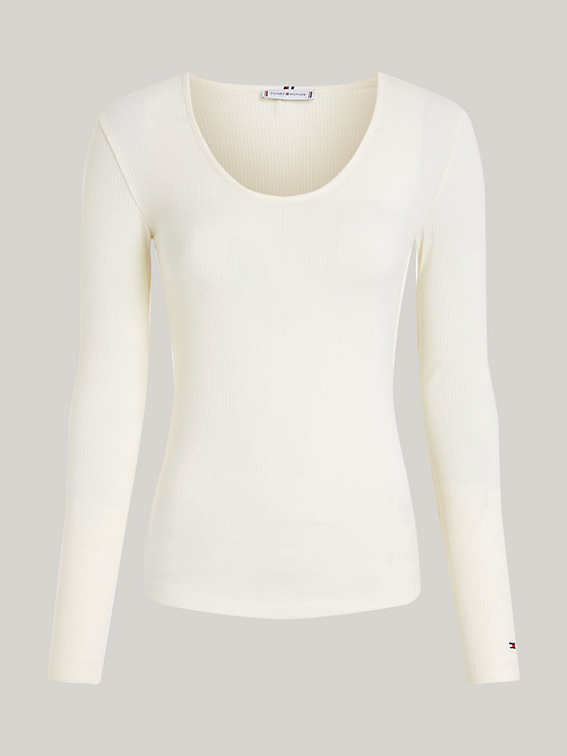 beige ribbed long sleeve slim fit t-shirt for women tommy hilfiger