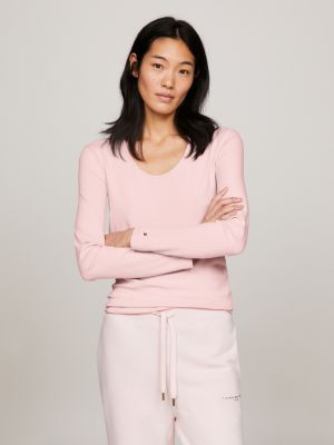 Ribbed Slim Long Sleeve T-Shirt, Pink