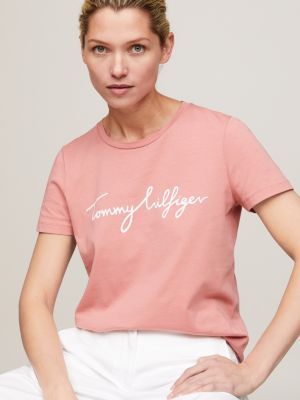 Tommy Hilfiger Women's TJW Small Logo Text T-Shirt, Pink, X-Large