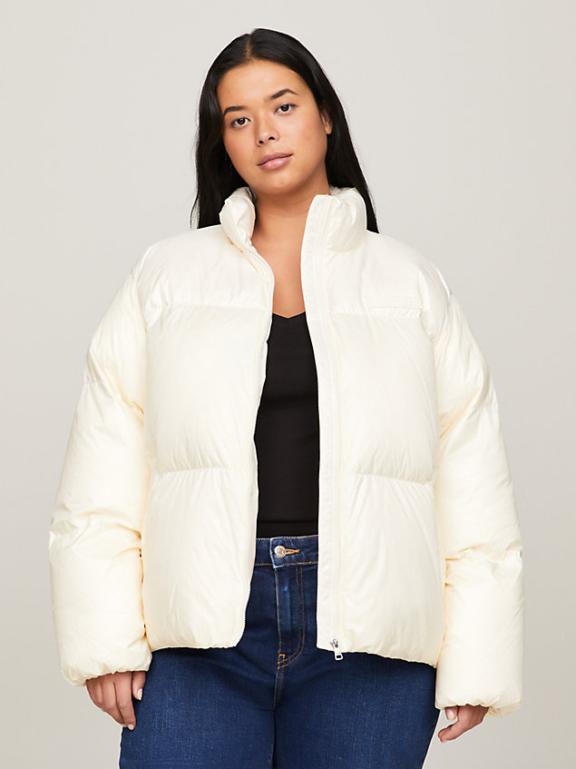beige curve colour-blocked new york puffer jacket for women tommy hilfiger