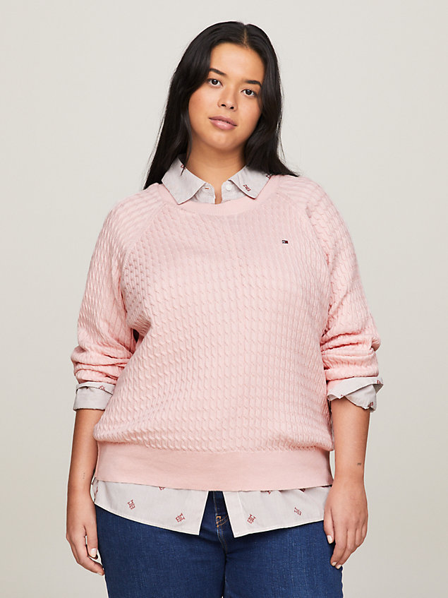 pink curve relaxed fit kabelgebreide trui voor dames - tommy hilfiger
