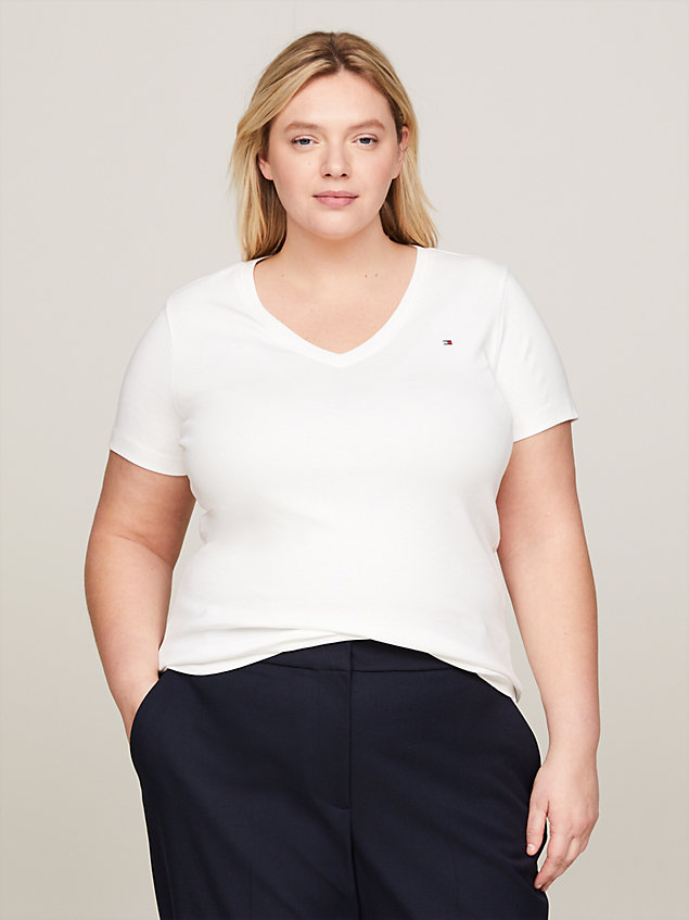 white curve stripe v-neck slim t-shirt for women tommy hilfiger