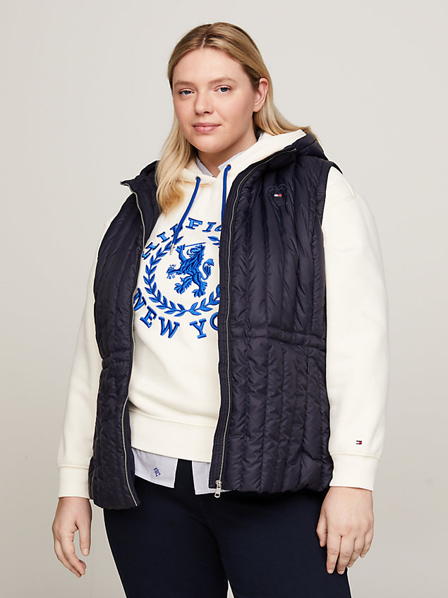 blue curve linear quilted hooded gilet for women tommy hilfiger