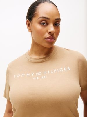 t-shirt curve à col ras-du-cou beige pour femmes tommy hilfiger