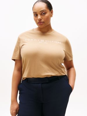 t-shirt curve à col ras-du-cou beige pour femmes tommy hilfiger