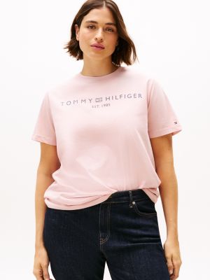 t-shirt curve à col ras-du-cou pink pour femmes tommy hilfiger