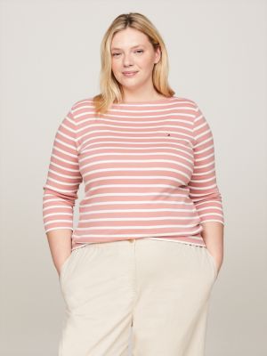 pink curve t-shirt mit dreiviertel-ärmeln für damen - tommy hilfiger