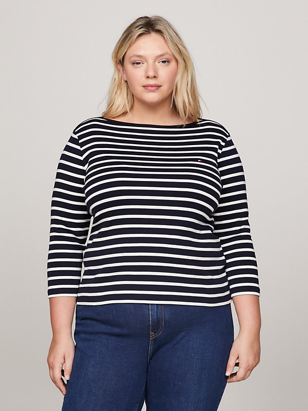 blue curve three-quarter sleeve boat neck t-shirt for women tommy hilfiger
