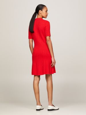 Cable Knit Knee Length Polo Sweater Dress, Red