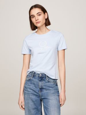 Slim fit T shirt met ronde hals en logo Blauw Tommy Hilfiger