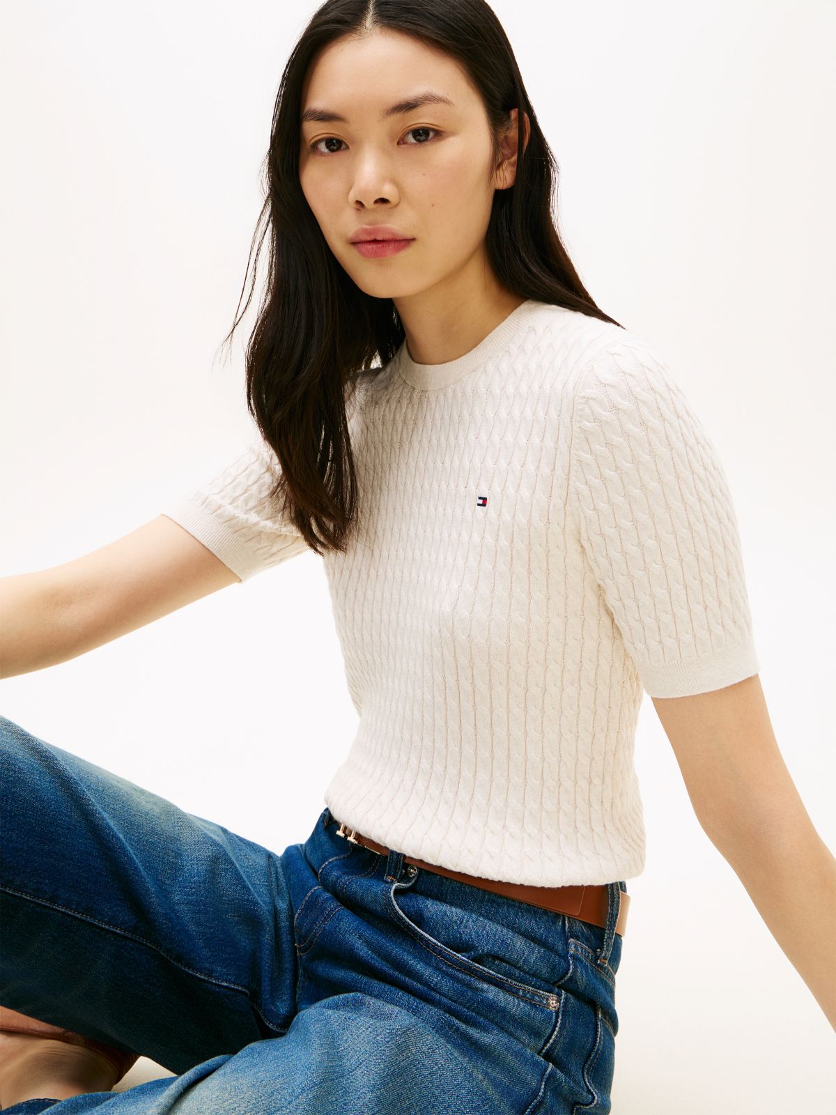 Cable Knit Short Sleeve Jumper — Beige