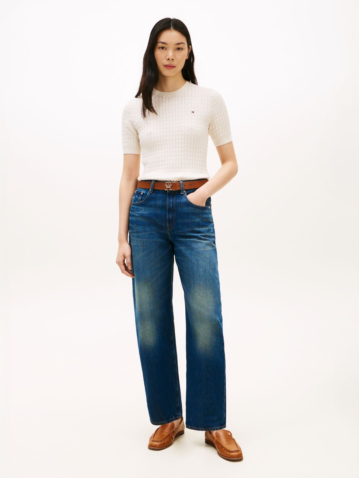 Cable Knit Short Sleeve Jumper — Beige