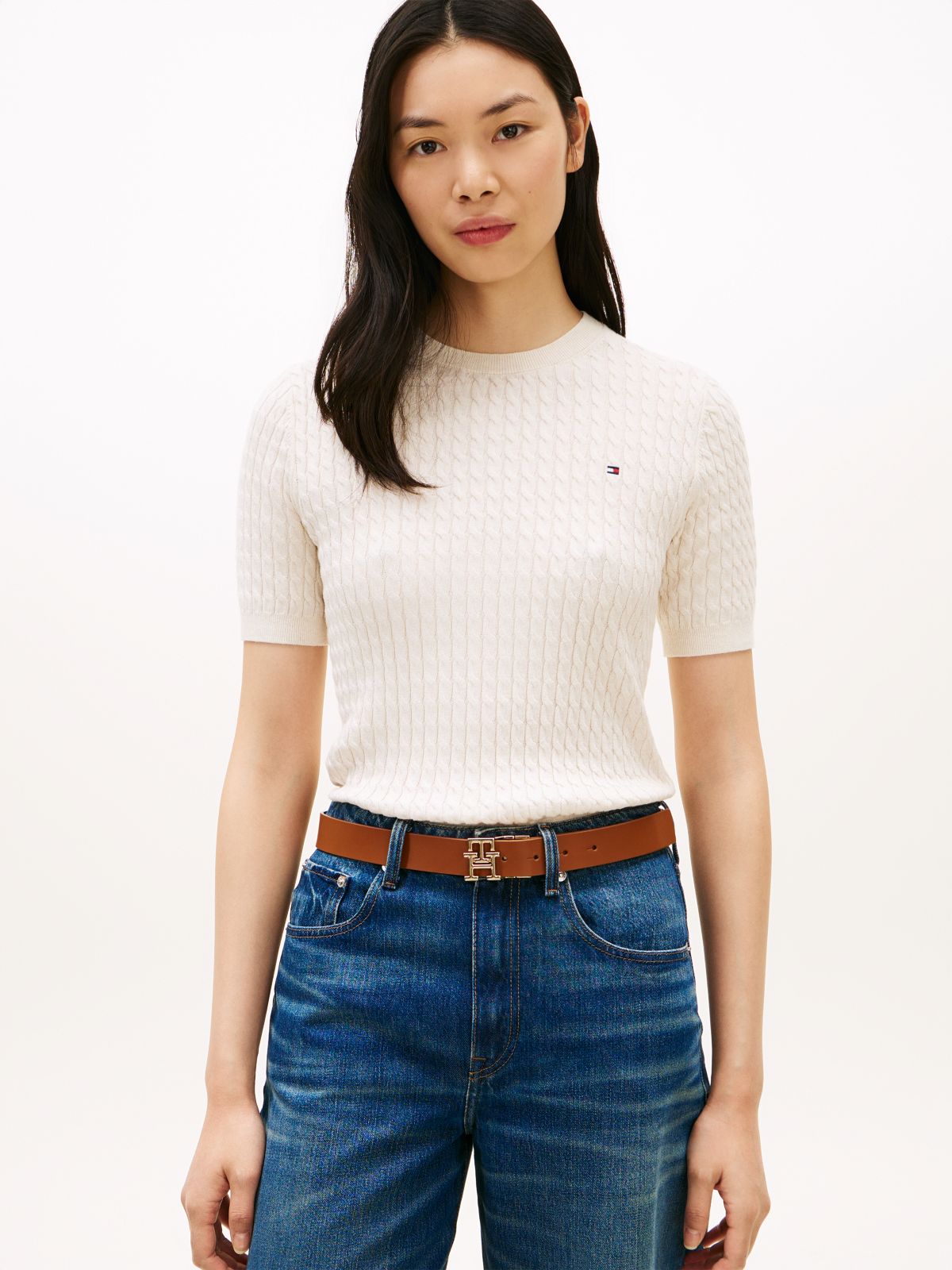 Cable Knit Short Sleeve Jumper — Beige